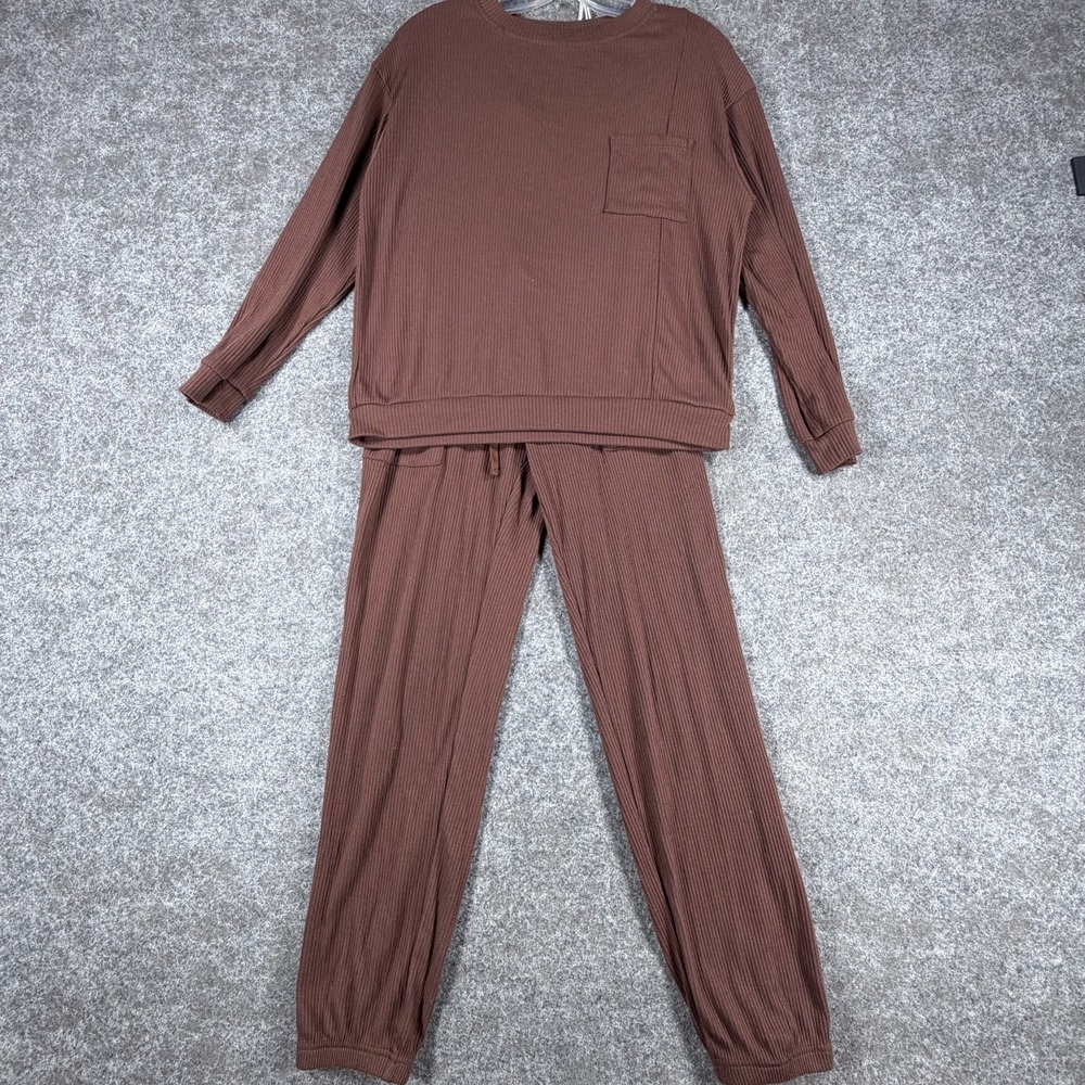 Kirundo 2 Piece Lounge Sets Womens XS Brown Ribbed Knit Tapered Leg Drawstring